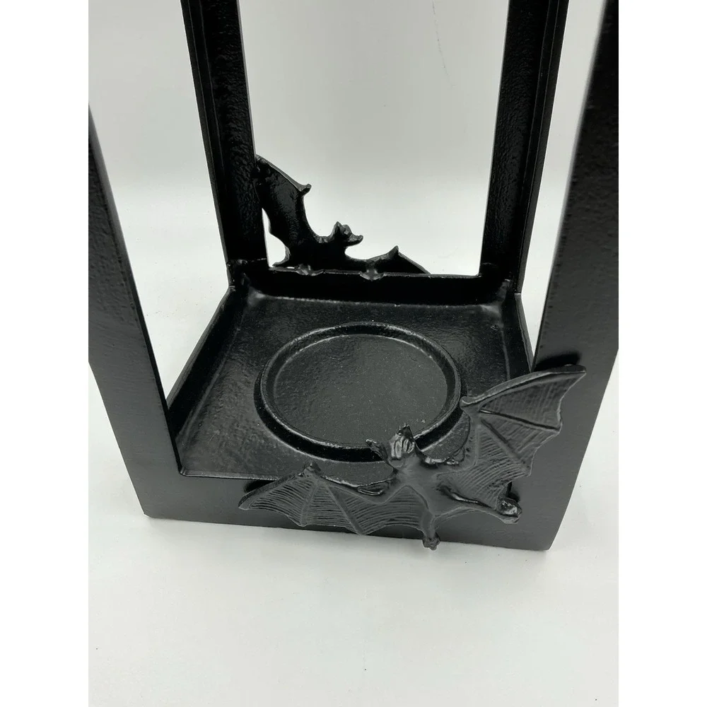 Large Halloween Black Cast Iron Hanging Candle Holder Lantern w/ Bats 22 Inches